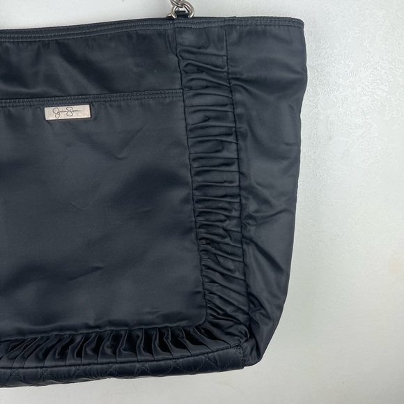 Jessica Simpson Black Tote Bag Shoulder Bag Canvas Floral Charm Medium Large - Picture 3 of 11